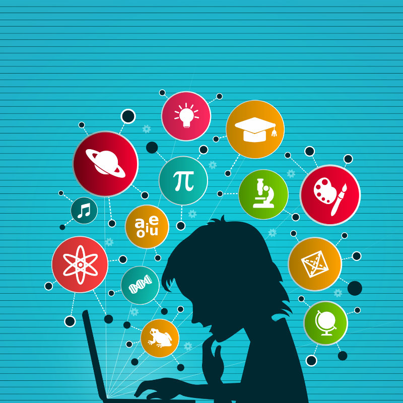 Das Bild zeigt ein Kind vor einem Laptop sitzend. Vom Laptop aus erstreckt sich ein Netz über den Kopf des Kindes. Darin sind viele Abbildungen verknüpft. Diese Abbildungen zeigen u.a. einen Planeten, ein Atom, eine DNA Helix, einen Frosch, einen Globus, ein Mikroskop, eine Glühbirne, einen Pinsel neben einer Farbpalette. Quelle Photos courtesy of and copyright by Jack Moreh / Free Range Stock, www.freerangestock.com